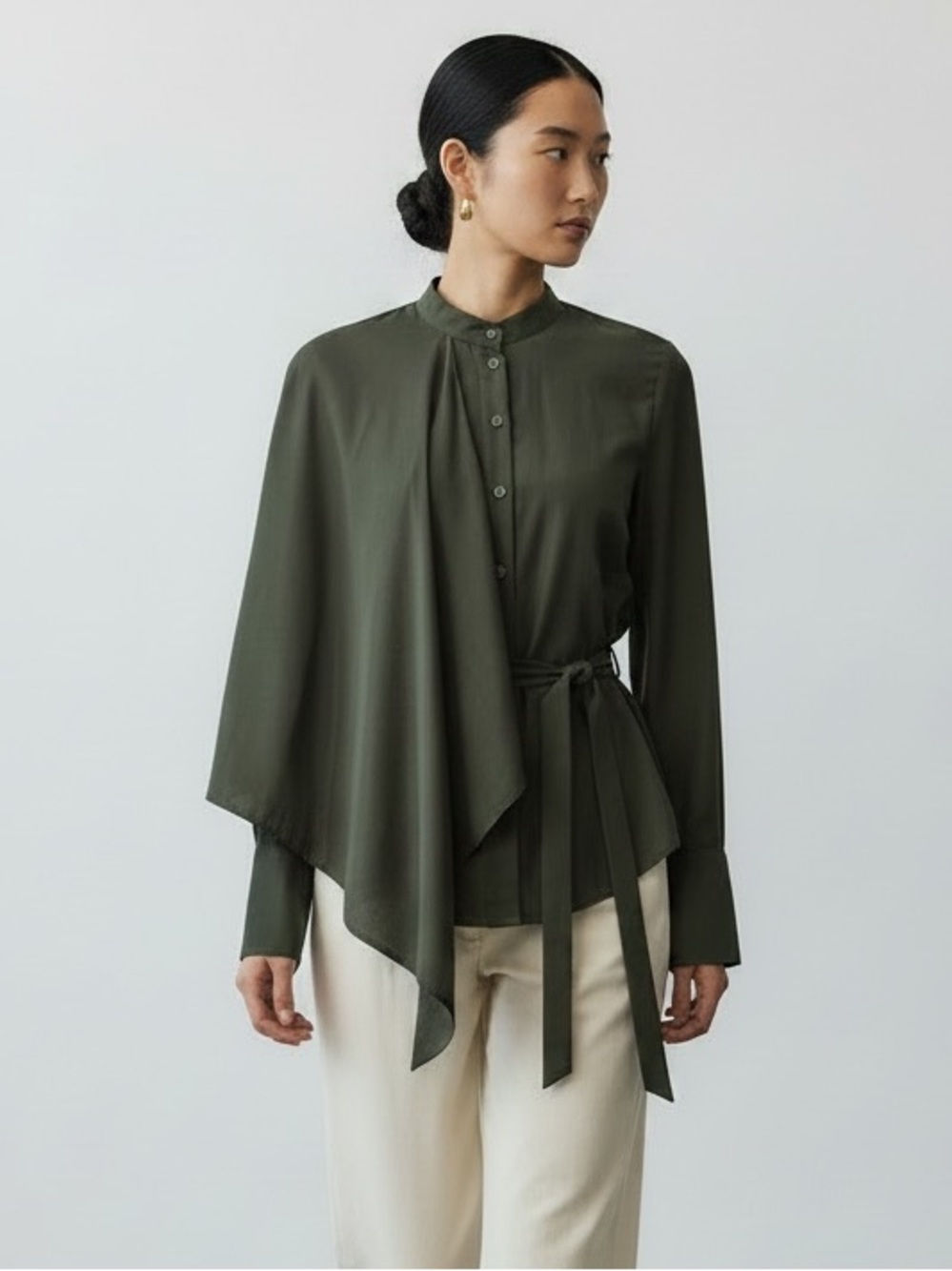 1584 • Dark Olive Asymmetric Draped Shoulder Belted Button-Up Shirt